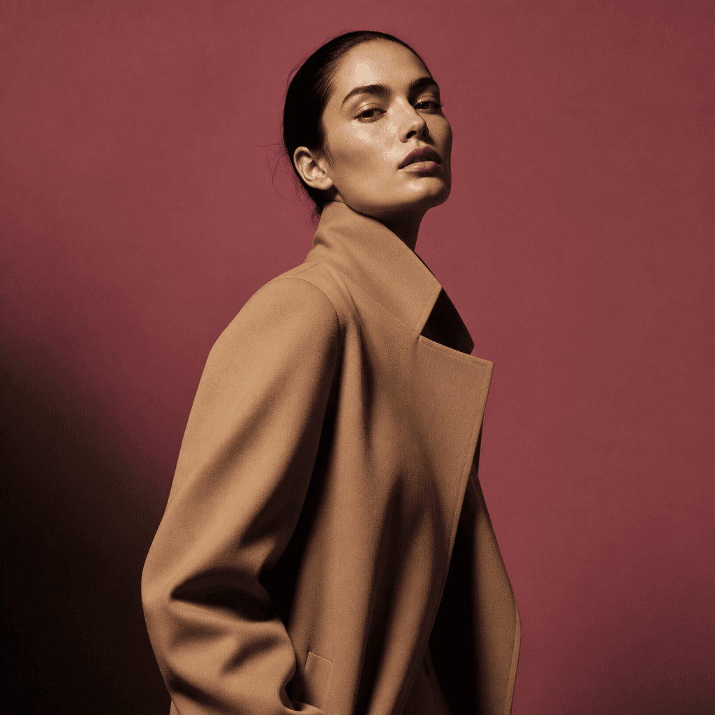 Apparel campaign visual with a model in a camel coat