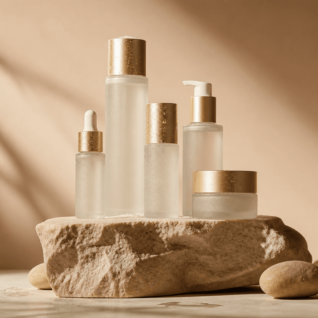 Beauty campaign visual with skincare bottles