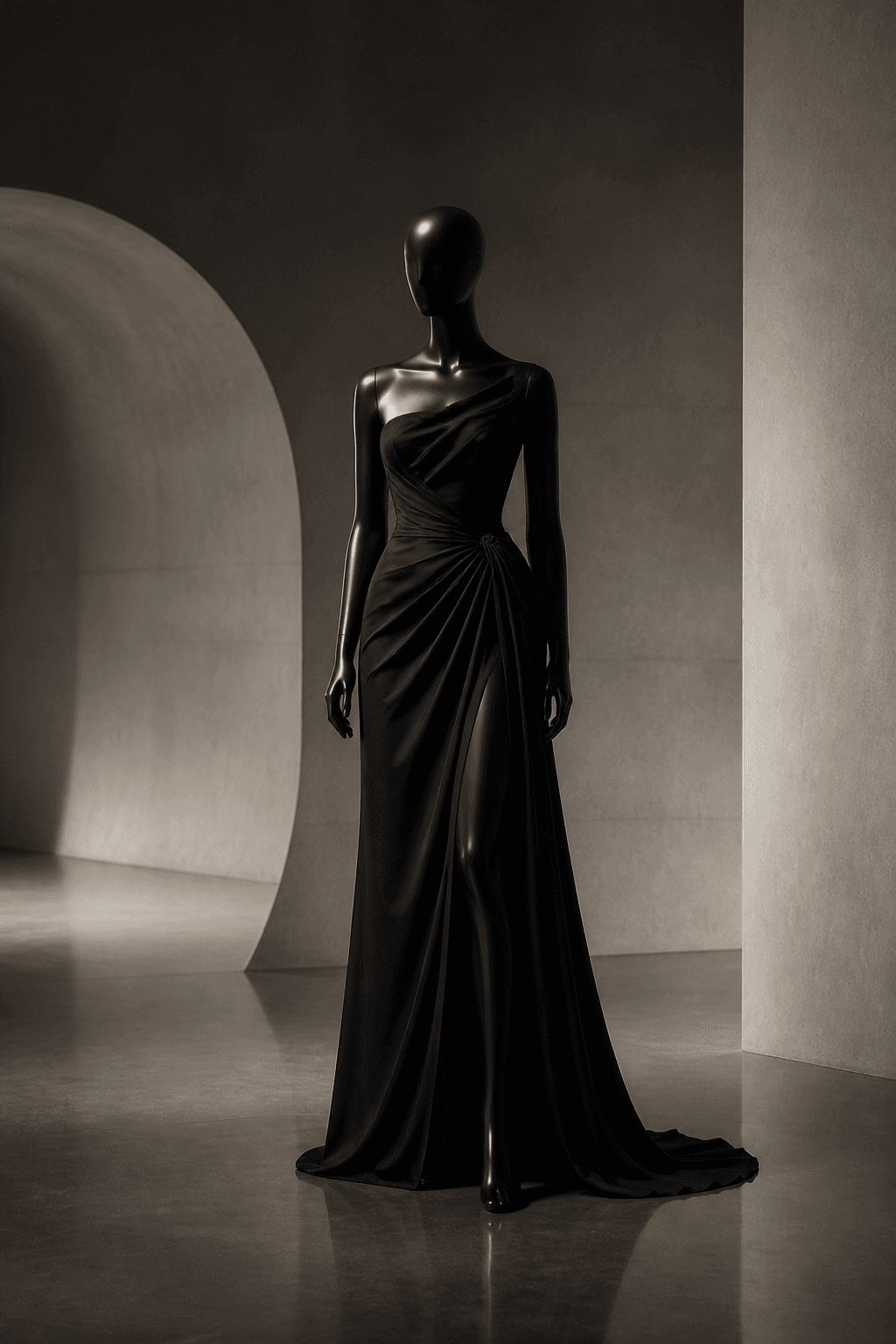 Black draped evening gown on a mannequin