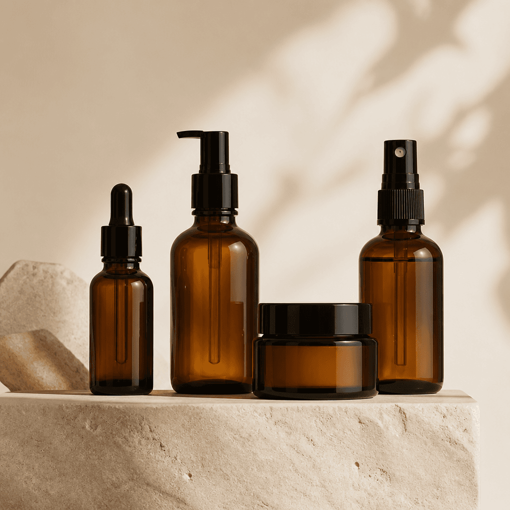 Amber glass skincare bottles