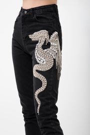 Denim Pants With Dragon Embroidery